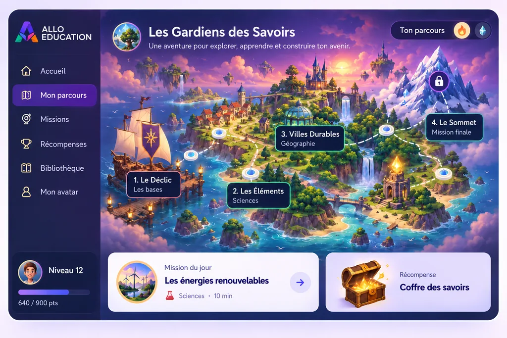 Story engine Allo Éducation : carte de parcours Les Gardiens des Savoirs