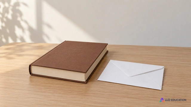 Livre fermé à couverture brune unie et enveloppe blanche fermée sur une table claire, aucun titre ni inscription.