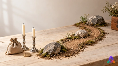 Un chemin courbe, les chandeliers et une pièce annoncent les moments d’un parcours à suivre et à relire.