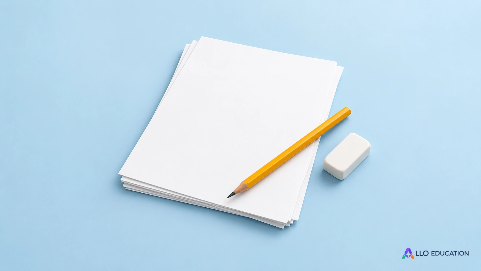 Des feuilles vierges, une gomme et un crayon évoquent la reprise d’un brouillon.